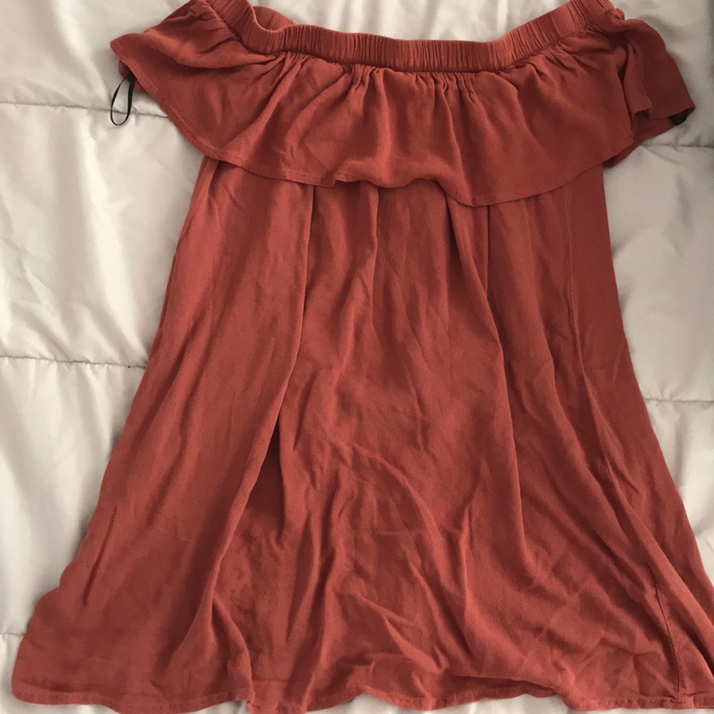 BURNT ORANGE OFF THE SHOULDER DRESS